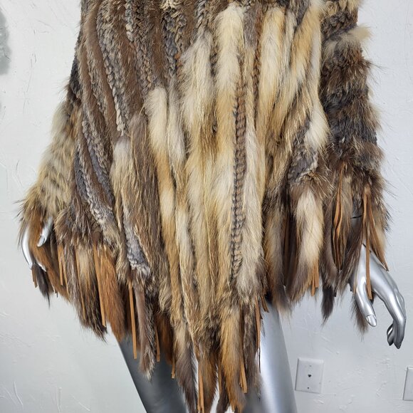 ALBERTO MAKALI~VINTAGE BROWN GENUINE FOX FUR REAL RABBIT HOODED PONCHO CAPE COAT - Picture 8 of 16